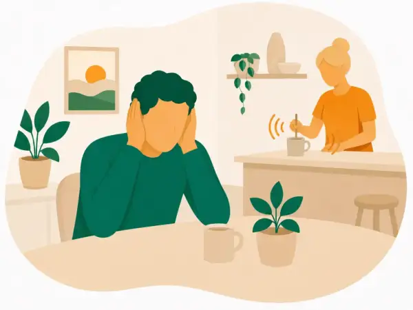 Man med händerna för öronen, plågad av ljud från en kvinna som rör i en mugg. En illustration av misofoni svenska.